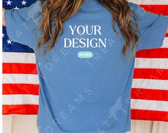 Blue Jean Comfort Colors 1717 Back, Oversized Shirt Mockup, 4th of July Mockup, Patriotic Mockup, Model Mockup, Fourth of July Mock, Crew