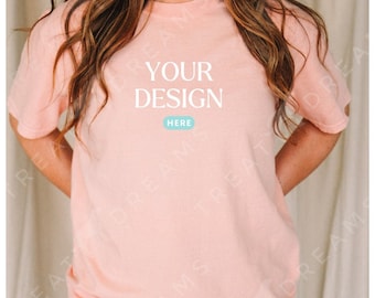 Peachy Comfort Colors 1717 T-Shirt, Oversized Shirt Mockup, Casual Mockup, Peach Shirt Short Sleeve, Model Mockup, Peach Tee Mockup, Crew