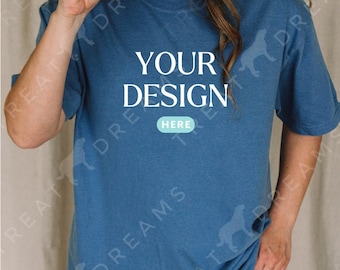 Blue Jean Comfort Colors 1717 Shirt, Oversized Shirt Mockup, Casual Mockup, Blue Shirt Short Sleeve, Model Mockup, Blue Tee Mockup, Crew