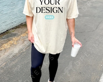 Oversized Shirt Mockup, Comfort Colors 1717 Ivory, Ivory Sweatshirt, Sand Mockup, Digital Sweatshirt, Crewneck, Tan Crewneck Mock up, Trendy