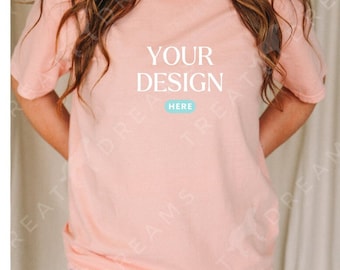 Peachy Comfort Colors 1717 T-Shirt, Oversized Shirt Mockup, Casual Mockup, Peach Shirt Short Sleeve, Model Mockup, Peach Tee Mockup, Crew