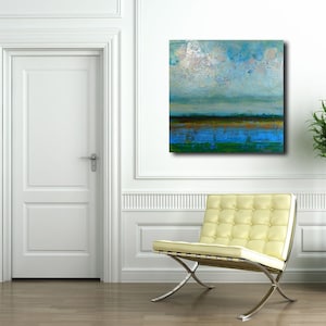 Cloud painting, green and blue landscape, Blue Acrylic Painting, sky painting, Sky Lake, 20x20 By Ava Avadon