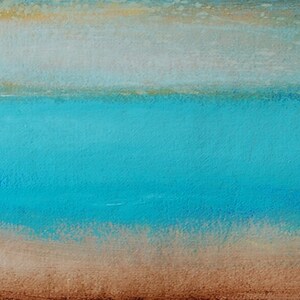 May include: Abstract painting with three horizontal bands of color. The top band is a light beige, the middle band is a bright turquoise blue, and the bottom band is a light brown.