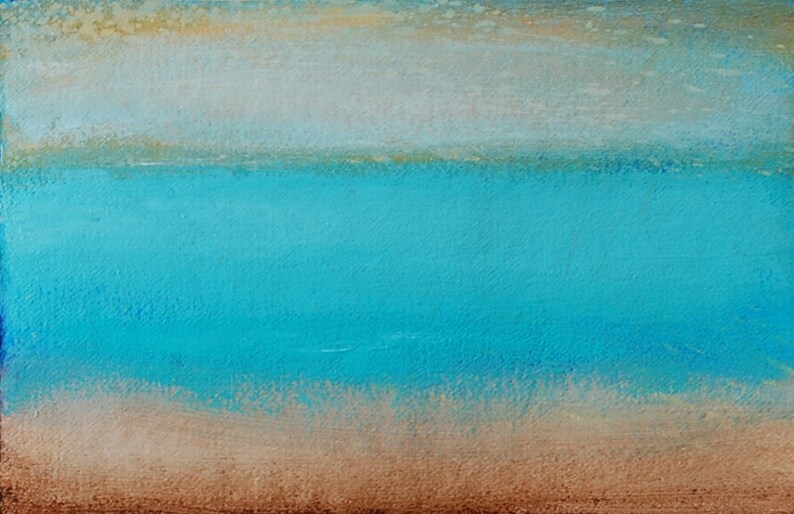 May include: Abstract painting with three horizontal bands of color. The top band is a light beige, the middle band is a bright turquoise blue, and the bottom band is a light brown.