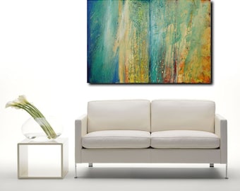 Acrylic Abstract Painting, large blue painting, yellow canvas,"Cascading 3" 36x48 By Ava