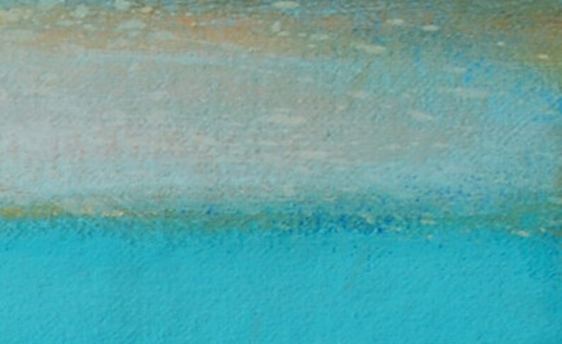 May include: Abstract painting with a blue, green, and white color scheme. The painting has a textured surface and a horizontal composition.
