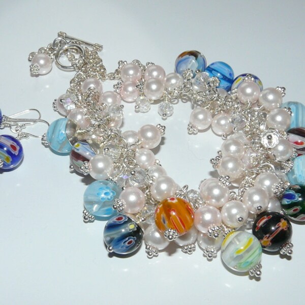 Pearl Necklace,  Bib Necklace, Statement Necklace, Millefiori Wire Wrapped Cluster, Handmade Jewelry