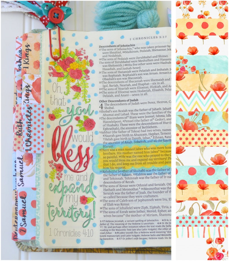 Bible Tabs with Laminating Stickers... RED POPPY set... 66 Etsy