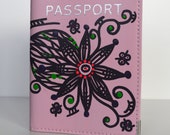 Hand Painted Leather Passport Cover Light Pink Flower Customizable Art To Wear Collection by Miami Artist Holly A. Jones