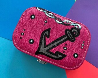 Travel Jewelry Case Dark Pink (Hand Painted) Nautical Anchor || ART TO WEAR Collection Travel Accessory Organizer || One of A Kind Gift