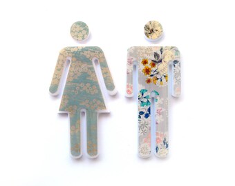 Bathroom Sign, Door Sign - Gold Pattern and Beige Flower Tapestry - Guest Bathroom Sign - Male & Female Sign