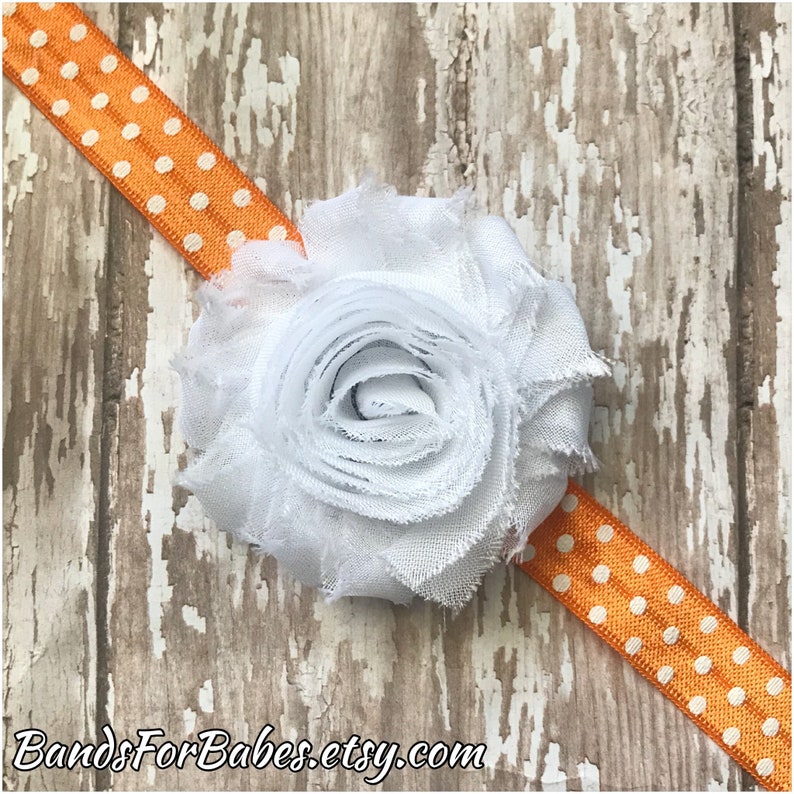 Girls Elastic Headband Tangerine Bow SALE Polkadot Orange and White Shabby Chic Flower Headband Baby Headband Toddler Hair Bow