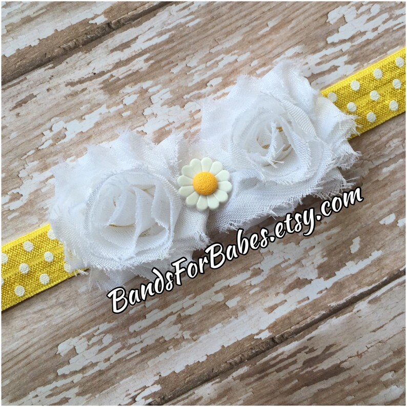 Toddler Headband Girls Headband Baby Girls Hair Bow Baby Headband Petite White Shabby Chic Flower Yellow and White Polkadot Headband