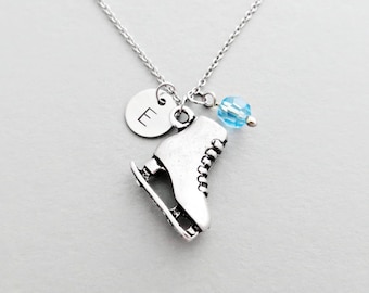 Ice Skate Necklace with Personalized Initial, Silver Ice Skate Charm, and Custom Bead (Figure Skating Necklace, Charm Necklace)