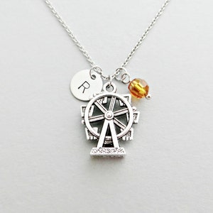 Ferris Wheel Necklace with Personalized Initial, Silver Ferris Wheel Charm, and Custom Bead (Initial Necklace, Charm Necklace)