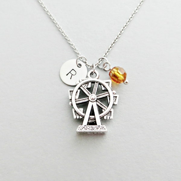 Ferris Wheel Necklace with Personalized Initial, Silver Ferris Wheel Charm, and Custom Bead (Initial Necklace, Charm Necklace)
