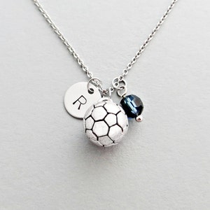 Soccer Ball Necklace with Personalized Initial or Team Number, Silver Soccer Ball Charm, and Custom Bead (Initial Necklace, Football)