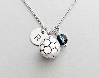 Soccer Ball Necklace with Personalized Initial or Team Number, Silver Soccer Ball Charm, and Custom Bead (Initial Necklace, Football)