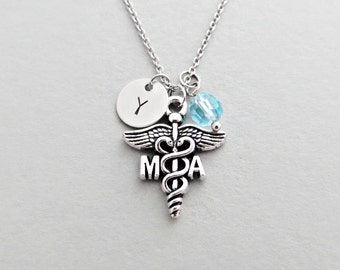 Medical Assistant Necklace with Personalized Initial, Silver MA Charm, and Custom Bead (Medical Assistant Initial Necklace, Charm Necklace)