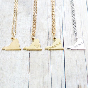 Virginia Necklace Virginia State Charm Necklace Personalized in Gold or Silver (Sterling Silver, 14k Gold Filled, Brass, Silver Plated)