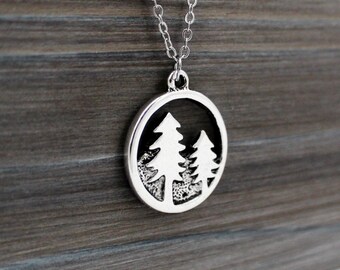 Forest Necklace with Round Silver Tree Charm (Tree Necklace, Charm Necklace, Forest Charm, Sterling Silver, Silver Plated Charm, Trees)