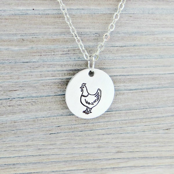 Chicken Necklace Hand Stamped Necklace with Chicken (Charm Necklace, Hen Necklace, Silver Plated, Sterling Silver, Chicken Lovers)