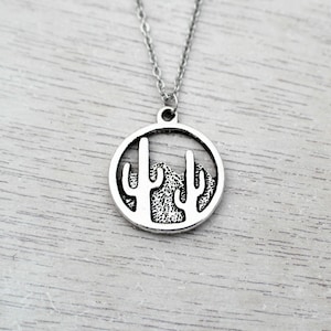Cactus Necklace with Round Silver Cactus Charm (Desert Necklace, Charm Necklace, Cactus Charm, Sterling Silver, Silver Plated Charm, Cacti)