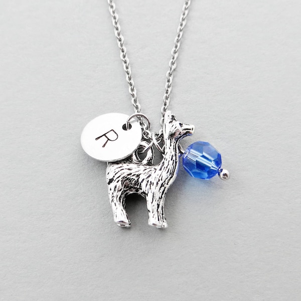 Llama Necklace with Personalized Initial, Silver Llama Charm, and Custom Bead (Llama Initial Necklace, Llama Charm Necklace, Alpaca)