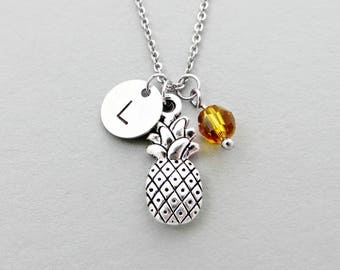 Pineapple Necklace with Personalized Initial, Silver Pineapple Charm, and Custom Bead (Pineapple Initial Necklace, Charm Necklace)