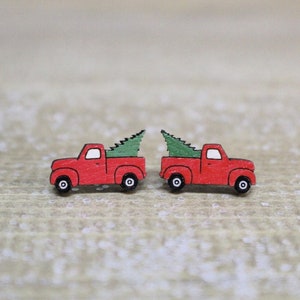 Wooden Red Truck With Tree Earrings Hand Painted Earrings, Minimal Earrings, Wooden Earrings, Christmas Earrings, Stud Earrings image 1