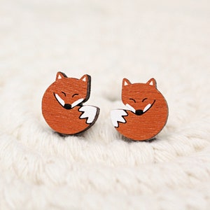 Wooden Sleeping Fox Earrings (Hand Painted Earrings, Minimal Earrings, Wooden Earrings, Stud Earrings)