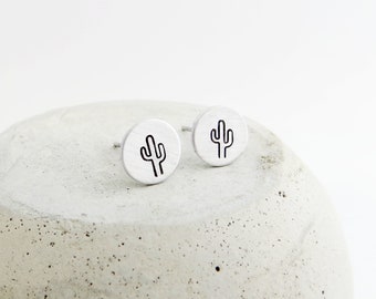 Cactus Earrings Hand Stamped with Stainless Steel Stud Post - Choose Your Color (Cacti Earrings, Succulent Earrings, Silver or Rose Gold)