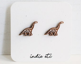 Brachiosaurus Skeleton Wood Earrings (Hand Painted Earrings, Minimal Earrings, Wooden Earrings, Dinosaur Earrings, Stud Earrings)