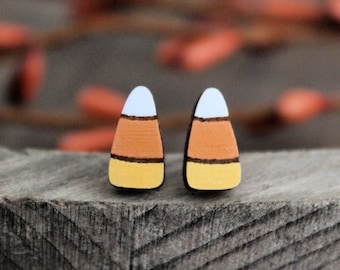 Wooden Candy Corn Earrings (Hand Painted Earrings, Fall Earrings, Minimal Earrings, Wooden Earrings, Halloween Earrings, Stud Earrings)