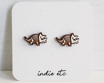 Triceratops Skeleton Wood Earrings (Hand Painted Earrings, Minimal Earrings, Wooden Earrings, Dinosaur Earrings, Stud Earrings)