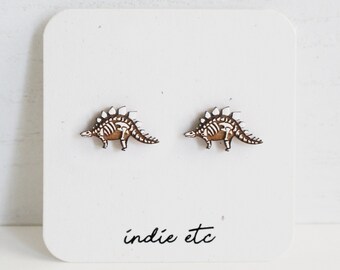 Stegosaurus Skeleton Wood Earrings (Hand Painted Earrings, Minimal Earrings, Wooden Earrings, Dinosaur Earrings, Stud Earrings)