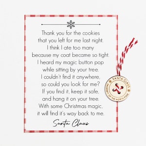 El botón perdido de Papá Noel con nota (Carta hecha a mano de Santa, Recuerdo de la tradición navideña, Recuerdo de las fiestas)