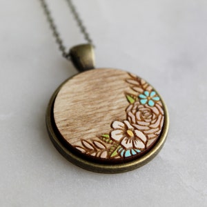 Wooden Flower Necklace with Hand Painted Floral Design (Pendant Necklace, Floral Necklace, Handcrafted Wood Necklace)