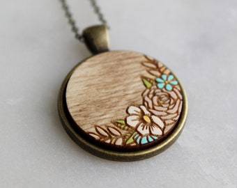 Wooden Flower Necklace with Hand Painted Floral Design (Pendant Necklace, Floral Necklace, Handcrafted Wood Necklace)