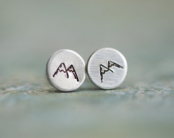 Mountain Earrings Hand Stamped with Stainless Steel Stud Post - Choose Your Color (Post Earrings, Silver Earrings or Rose Gold Earrings)