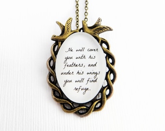 He Will Cover You With His Feathers and Under His Wings You Will Find Refuge Pendant Necklace with Doves (Psalm 91:4, Bible Quote Charm)