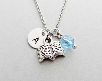 Book Necklace with Personalized Initial, Silver Book Charm, and Custom Bead (Book Initial Necklace, Book Charm Necklace)