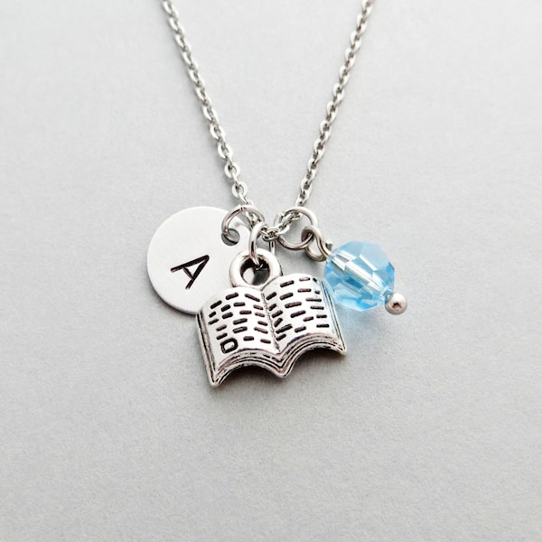 Book Necklace with Personalized Initial, Silver Book Charm, and Custom Bead (Book Initial Necklace, Book Charm Necklace)