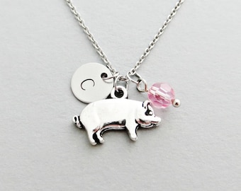 Pig Necklace with Personalized Initial, Silver Pig Charm, and Custom Bead (Pig Initial Necklace, Pig Charm Necklace, Hog Necklace)