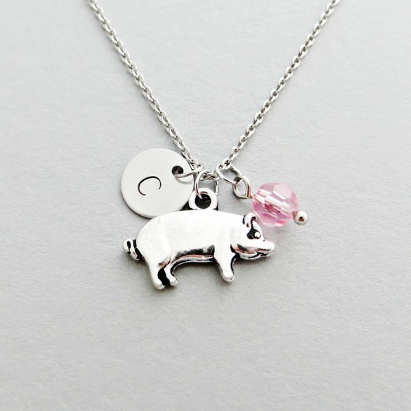 Pig Necklace with Personalized Initial, Silver Pig Charm, and Custom Bead (Pig Initial Necklace, Pig Charm Necklace, Hog Necklace)