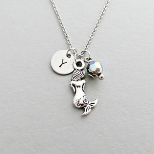 Mermaid Necklace with Personalized Initial, Silver Mermaid Charm, and Custom Bead (Mermaid Initial Necklace, Mermaid Charm Necklace)