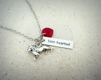 Lion Hearted Necklace with Lion Charm and Red Heart Bead Charm (Hand Stamped, Proverbs 28, Bible Quote Necklace, Lion Heart Necklace)