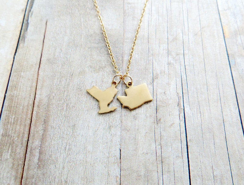 State Charm Personalized Gold Necklace with Two States State Charm Necklace, State Necklace, Double States, Gold Plated, 14k Gold Filled image 1