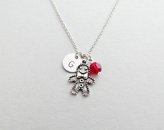 Gingerbread Man Necklace with Personalized Initial, Silver Gingerbread Man Charm, and Custom Bead (Initial Necklace, Charm Necklace)