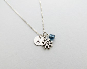 Snowflake Necklace with Personalized Initial, Silver Snowflake Charm, and Custom Bead (Snowflake Initial Necklace, Snowflake Charm Necklace)